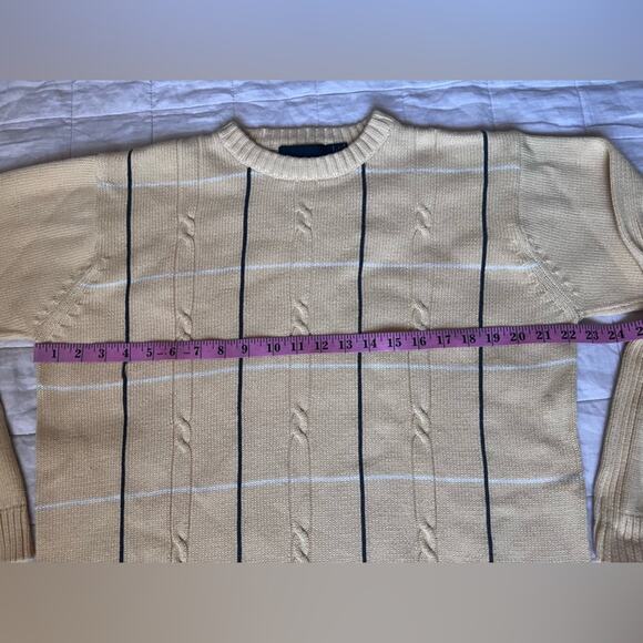 Vintage Light Yellow Plaid Cable Knit Crew Neck Sweater Fishermancore - L - Picture 6 of 6